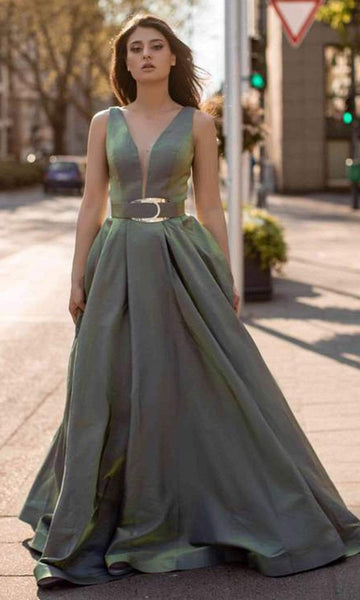 Tall Sexy V-neck Fitted Back Zipper Belted Sheer Pleated Floor Length Fit-and-Flare Plunging Neck Natural Waistline Sleeveless Metallic Evening Dress