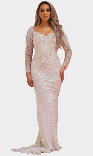 V-neck Long Sleeves Back Zipper Lace-Up Crystal Fitted Beaded Open-Back Mermaid Cocktail Floor Length Natural Waistline Evening Dress/Prom Dress/Wedding Dress with a Brush/Sweep Train