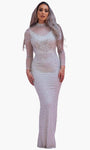 A-line Natural Waistline High-Neck Long Sleeves Back Zipper Beaded Illusion Sheath Cocktail Floor Length Sheath Dress/Evening Dress/Prom Dress/Wedding Dress with a Brush/Sweep Train With Rhinestones