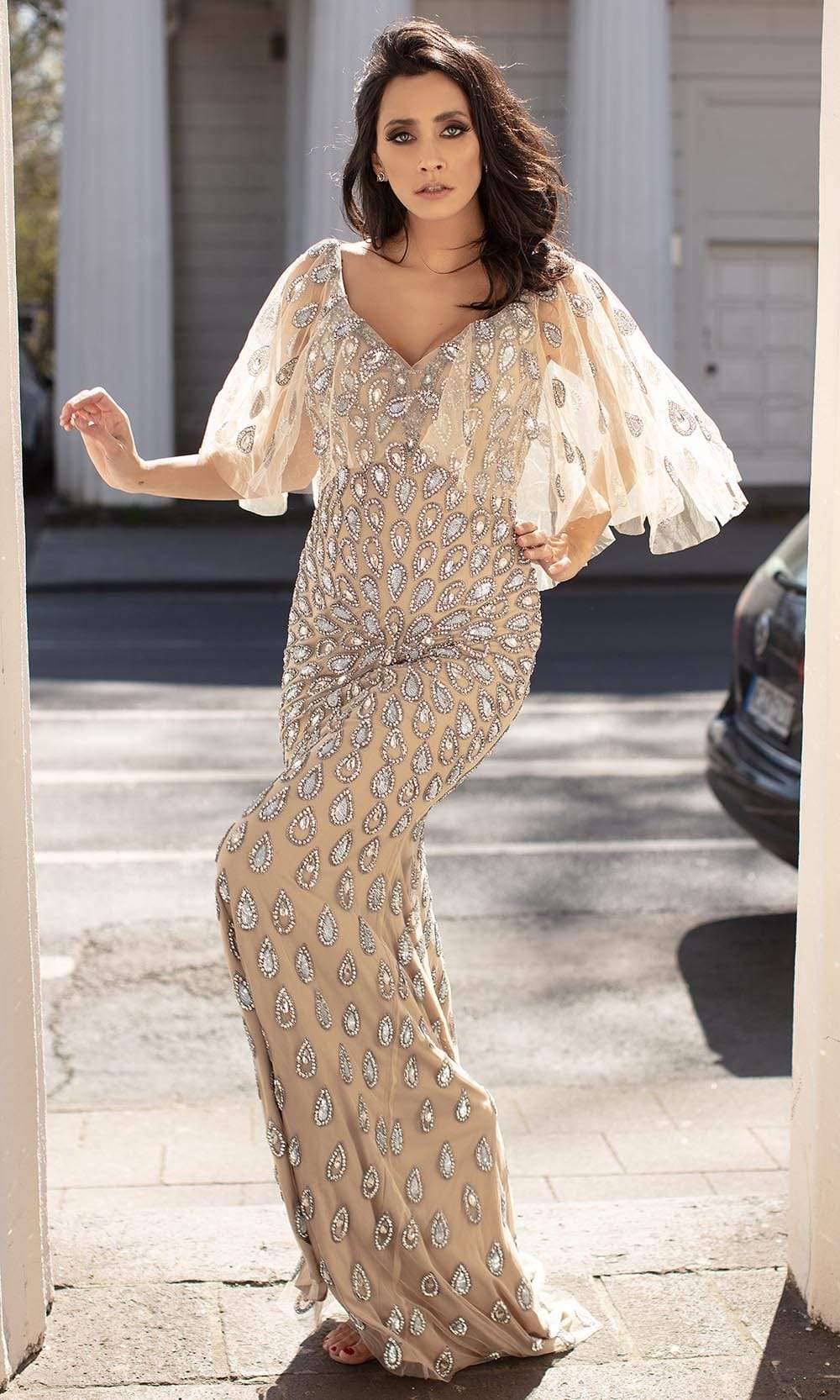 Chic and Holland - HF1527 Embellished V Neck Long Fitted Dress
