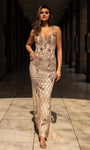 V-neck Sleeveless Natural Waistline Plunging Neck Floor Length Sheath Fitted Crystal Beaded Keyhole Sheer Sheath Dress