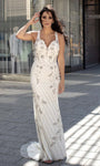 V-neck Sheath Sleeveless Natural Waistline Floor Length Sheer Crystal Beaded Fitted Keyhole Plunging Neck Sheath Dress