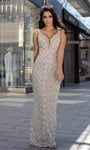 V-neck Floor Length Sheath Back Zipper Sheer Fitted Natural Waistline Plunging Neck Sleeveless Sheath Dress/Prom Dress