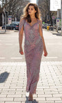 V-neck Floor Length Natural Waistline Glittering Slit Fitted Plunging Neck Sheath Sheath Dress