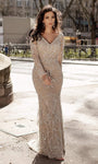 V-neck Fitted Sheath Long Sleeves Natural Waistline Sheath Dress/Evening Dress with a Brush/Sweep Train