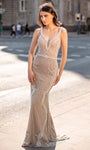 V-neck Beaded Back Zipper Sheath Natural Waistline Plunging Neck Sheath Dress/Prom Dress with a Brush/Sweep Train