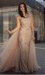 A-line V-neck Sheath Floor Length Tulle Natural Waistline Pleated Sequined Fitted Sleeveless Sheath Dress