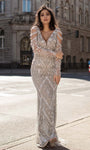 V-neck Long Sleeves Sheath Natural Waistline Plunging Neck Fitted Glittering Cutout Sequined Open-Back Sheath Dress with a Brush/Sweep Train