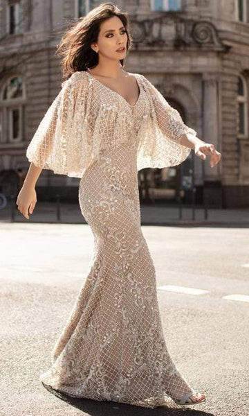 V-neck Back Zipper Fitted Beaded Plunging Neck Fit-and-Flare Mermaid Natural Waistline Bell Sleeves Floor Length Evening Dress with a Brush/Sweep Train