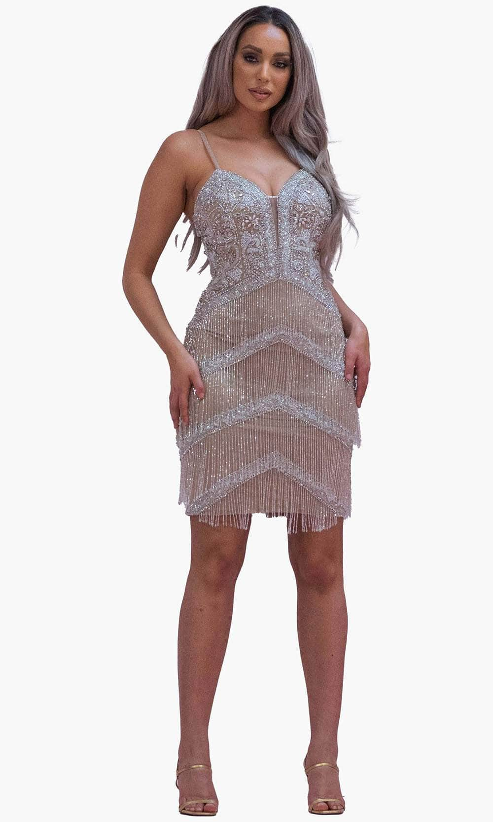 Chic and Holland SD1831 - Beaded Fringed Cocktail Dress
