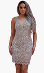 V-neck Sleeveless Jeweled Neck Natural Waistline Scalloped Trim Sheath Fitted Jeweled Beaded Back Zipper Sheer Slit Illusion Cocktail Above the Knee Sheath Dress/Evening Dress/Prom Dress