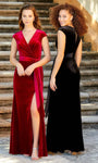 A-line V-neck Floor Length Keyhole Back Zipper Wrap Slit Draped Natural Waistline Cap Sleeves Velvet Evening Dress