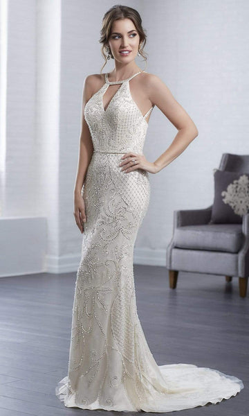 Halter Round Neck Fit-and-Flare Sheath Crystal Cutout Hidden Back Zipper Beaded Fitted Open-Back Natural Waistline Tulle Sleeveless Floor Length Sheath Dress/Wedding Dress with a Brush/Sweep Train