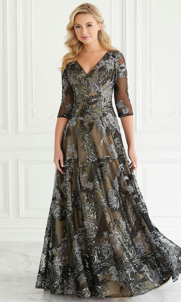 A-line V-neck Floral Print Sequined Back Zipper Embroidered Open-Back Natural Waistline Dress with a Brush/Sweep Train