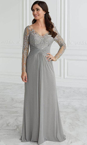 A-line V-neck Long Sleeves Lace Ruched Embroidered Back Zipper Sheer Illusion Mesh Fitted Sequined Empire Waistline Dress with a Brush/Sweep Train