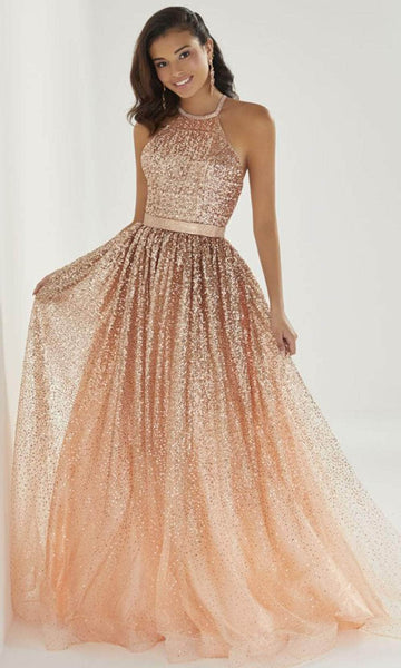 A-line Natural Waistline Sleeveless Back Zipper Open-Back Sequined Halter Evening Dress/Prom Dress with a Brush/Sweep Train With Rhinestones