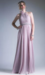 A-line Floor Length Beaded Flower(s) Ruched Open-Back Flowy Halter Natural Waistline Evening Dress