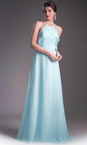 A-line Floor Length Halter Flowy Back Zipper Sleeveless Natural Waistline Chiffon Evening Dress with a Brush/Sweep Train