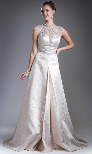 A-line High-Neck Sweetheart Basque Waistline Back Zipper Beaded Illusion Cap Sleeves Dress with a Brush/Sweep Train