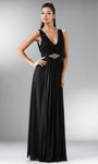 Sophisticated A-line V-neck Floor Length Chiffon Beaded Flowy Back Zipper Crystal Ruched Sleeveless Natural Waistline Dress