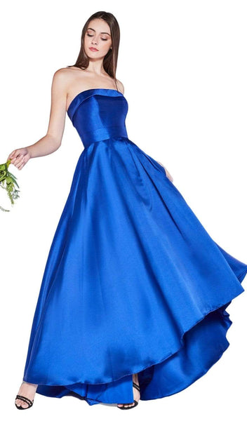 A-line Strapless Fitted Open-Back Back Zipper Natural Princess Seams Waistline High-Low-Hem Satin Straight Neck Party Dress with a Brush/Sweep Train