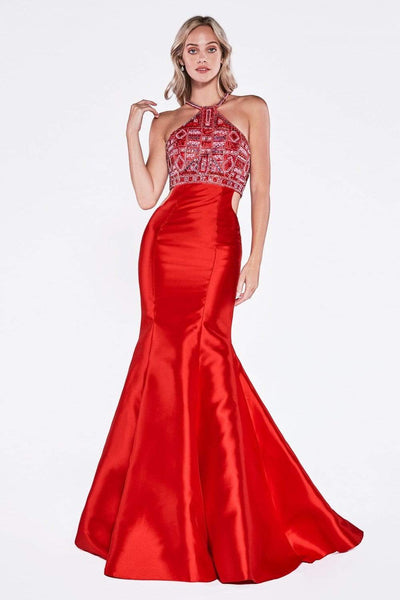 Halter Sleeveless Back Zipper Fitted Racerback Beaded Cutout Natural Princess Seams Waistline Floor Length Mermaid Evening Dress with a Brush/Sweep Train