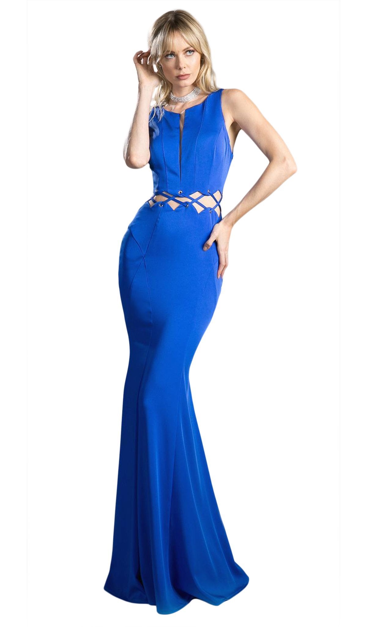 Cinderella Divine - 6485 Plunging Notched Lace-Up Cutout Long Gown
