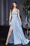 Sexy A-line V-neck Ruched Flowy Fitted Slit Satin Empire Waistline Sleeveless Dress by Cinderella Divine