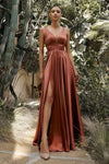 Sexy A-line V-neck Floor Length Satin Banding Ruched Flowy Slit Fitted Back Zipper V Back Sleeveless Empire Waistline Dress