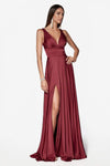 Sexy A-line V-neck Floor Length Empire Waistline Fitted Slit Ruched Back Zipper Banding Flowy V Back Sleeveless Satin Dress