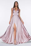 Sexy A-line V-neck Back Zipper Flowy Slit Ruched Fitted V Back Banding Floor Length Satin Empire Waistline Sleeveless Dress