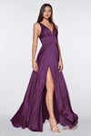 Sexy A-line V-neck Satin Floor Length Sleeveless Empire Waistline Banding Ruched Flowy V Back Fitted Back Zipper Slit Dress