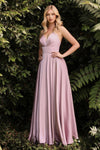 Sexy A-line V-neck Satin Sleeveless Spaghetti Strap Natural Waistline Wrap Back Zipper Banding Flowy Fitted Slit Prom Dress