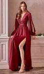 A-line V-neck Hidden Back Zipper Flowy V Back Slit Bishop Sleeves Plunging Neck Floor Length Natural Waistline Party Dress