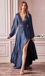 A-line V-neck Bishop Sleeves Natural Waistline Floor Length Plunging Neck Flowy Slit Hidden Back Zipper V Back Party Dress