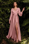 A-line V-neck Natural Waistline Plunging Neck Hidden Back Zipper Flowy V Back Slit Floor Length Bishop Sleeves Party Dress