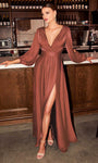 A-line V-neck Plunging Neck Floor Length V Back Hidden Back Zipper Flowy Slit Bishop Sleeves Natural Waistline Party Dress