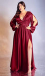 Plus Size A-line V-neck Floor Length Plunging Neck Natural Waistline Hidden Back Zipper Flowy V Back Slit Bishop Sleeves Evening Dress/Party Dress