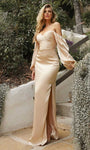 Sophisticated Satin Ruched Slit Open-Back Back Zipper Wrap Draped Floor Length Sheath Natural Waistline Sweetheart Bishop Sleeves Sheath Dress