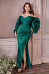 Plus Size Sexy Floor Length Sweetheart Long Sleeves Fitted Slit Back Zipper Open-Back Satin Sheath Natural Waistline Sheath Dress