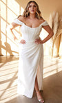 Plus Size Floor Length Satin Lace-Up Slit Sheath Off the Shoulder Basque Corset Waistline Sheath Dress/Wedding Dress