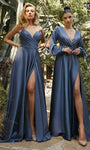 Sophisticated A-line V-neck Empire Waistline Slit Draped Wrap Spaghetti Strap Satin Dress with a Brush/Sweep Train