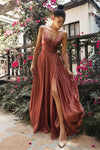 Sophisticated A-line V-neck Long Sleeves Spaghetti Strap Satin Empire Waistline Slit Wrap Draped Dress with a Brush/Sweep Train