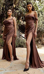 Sheath Off the Shoulder Natural Waistline Satin Draped Slit Sheath Dress with a Brush/Sweep Train