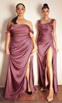 Slit Draped Sheath Satin Natural Waistline Off the Shoulder Sheath Dress with a Brush/Sweep Train