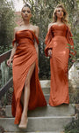 Slit Draped Satin Sheath Natural Waistline Off the Shoulder Sheath Dress with a Brush/Sweep Train