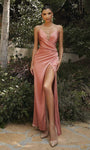 V-neck Sheath Satin Natural Waistline Spaghetti Strap Floor Length Slit Open-Back Sheer Back Zipper Draped Ruched Plunging Neck Sheath Dress