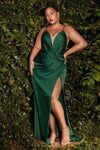 Sexy V-neck Sheath Sleeveless Spaghetti Strap Natural Waistline Fitted Open-Back Slit Faux Wrap Sheer Satin Sheath Dress with a Brush/Sweep Train