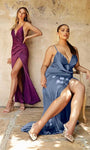 Sexy V-neck Sheath Satin Slit Open-Back Sheer Fitted Faux Wrap Sleeveless Spaghetti Strap Natural Waistline Sheath Dress with a Brush/Sweep Train