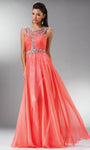 A-line Bateau Neck Beaded Illusion Fitted Jeweled Ruched Chiffon Floor Length Natural Waistline Sleeveless Prom Dress